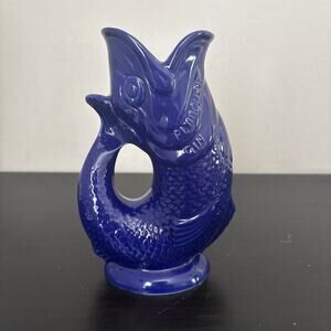 Vintage Wade Artefact Of Plymouth Gin Gluggle Fish Jug Cobalt Blue 7”